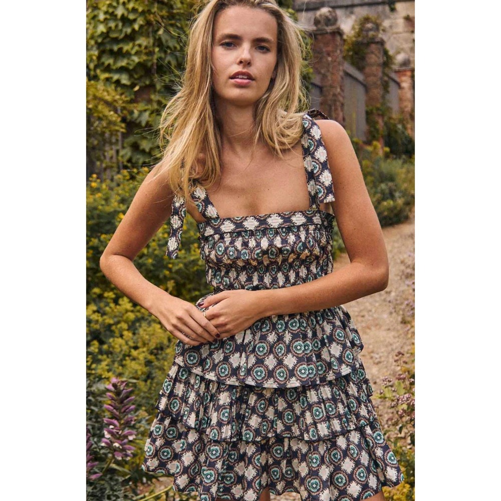 B44 Hunter Bell Sierra Mini Dress 6 Floral Tie Shoulder Tiered Summer Vacay